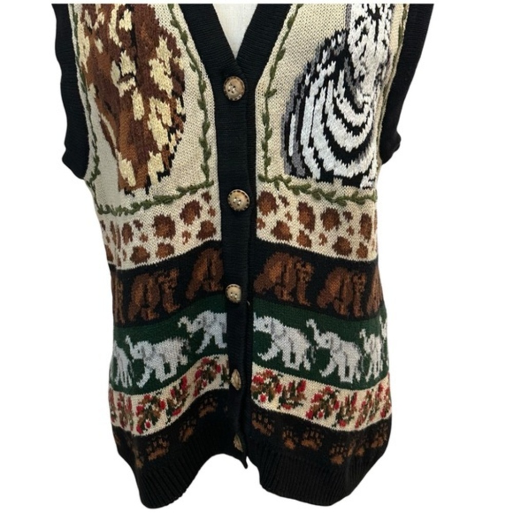 Vintage 90s Eagles Eye Safari Zebra Knit‎ Vest Size L Lion Animal Print African - Picture 3 of 15